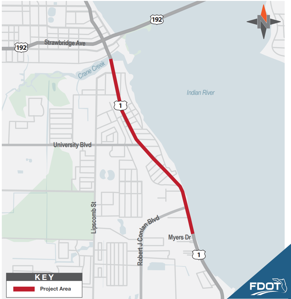 Map showing the FDOT project area along U.S. 1 between Myers Drive in Palm Bay and the Crane Creek Bridge near Strawbridge Avenue in Melbourne, Florida.