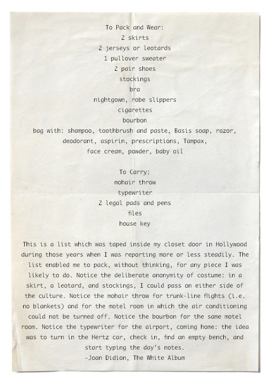 Didion's packing list.