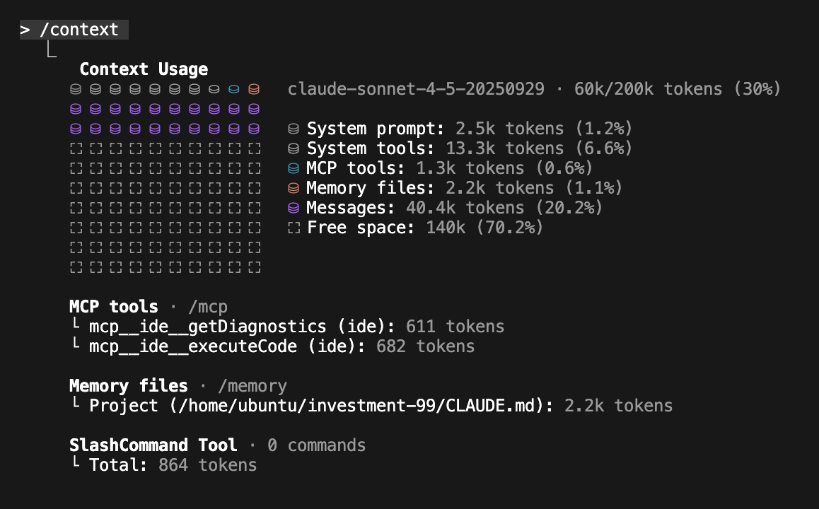 /context 截图：紫色是消息；随着工作推进像磁盘空间一样被占用，几分钟或几小时后你需要清理消息以继续。