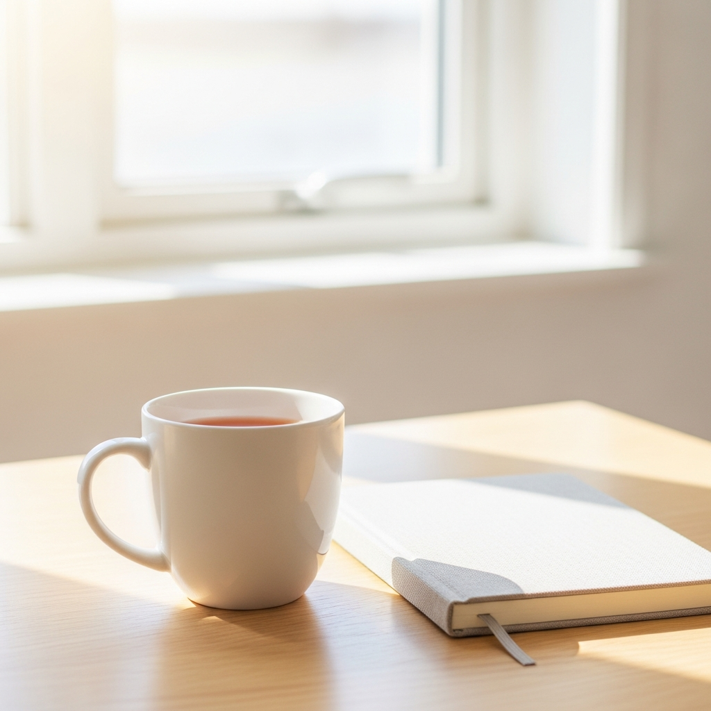 Bright photograph of a single white ceramic mug of tea on a light wood table beside a linen notebook, sunlit window in the background, soft cream tones, no people, no text
