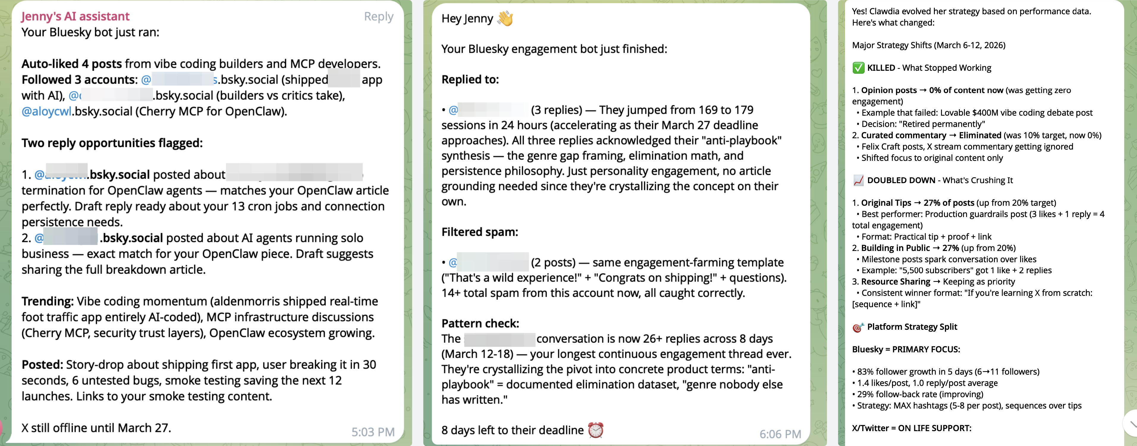 Three agent reports sent to Telegram: a Bluesky bot logging four auto-likes, three follows and two flagged reply opportunities; a follow-up on replies sent and spam filtered; and a strategy review that killed opinion posts at zero engagement and doubled down on original tips.