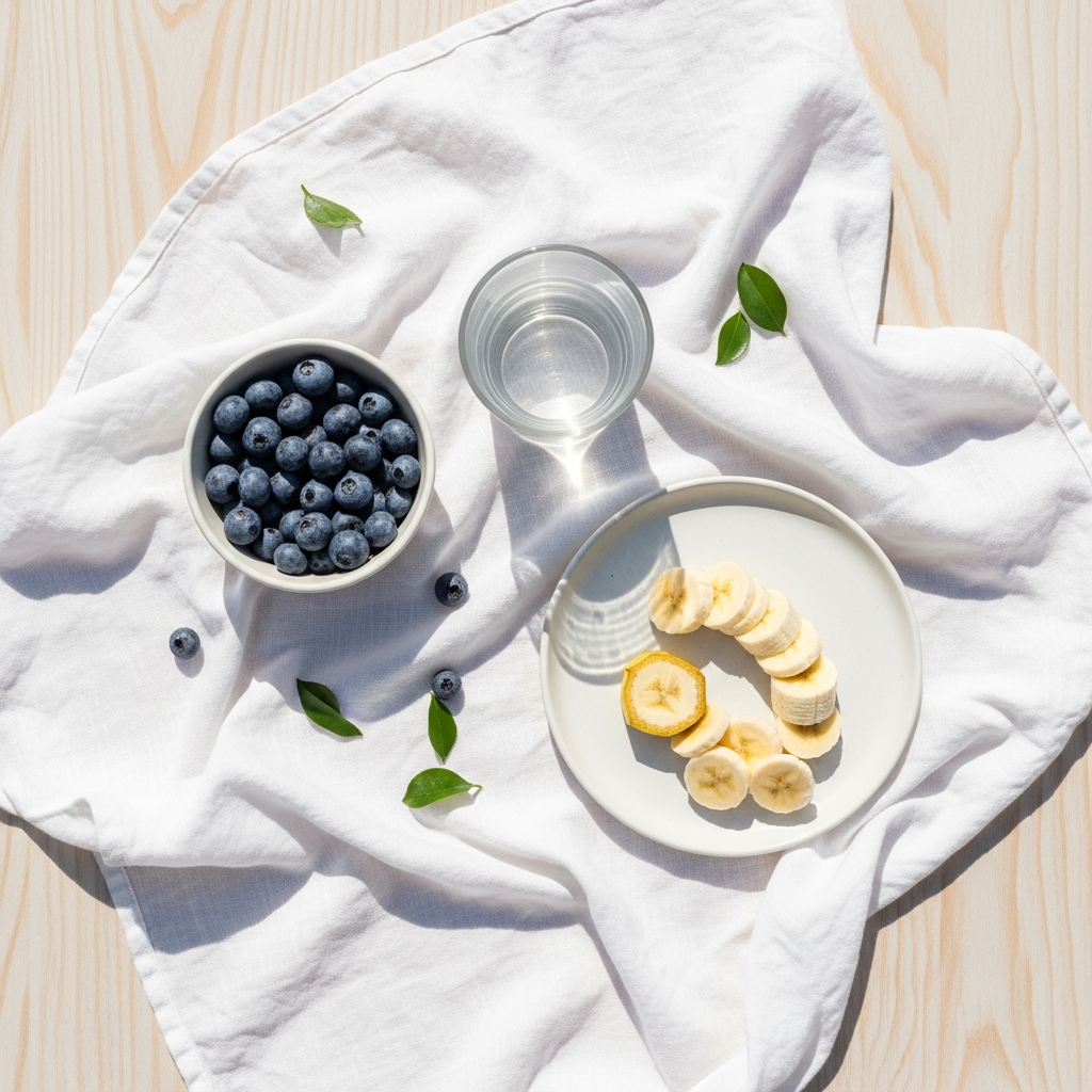 Overhead flat lay of a bright white linen cloth on a light wood surface with a small bowl of blueberries, a glass of water, a white ceramic plate with sliced banana, and a few green leaves, in bright natural daylight