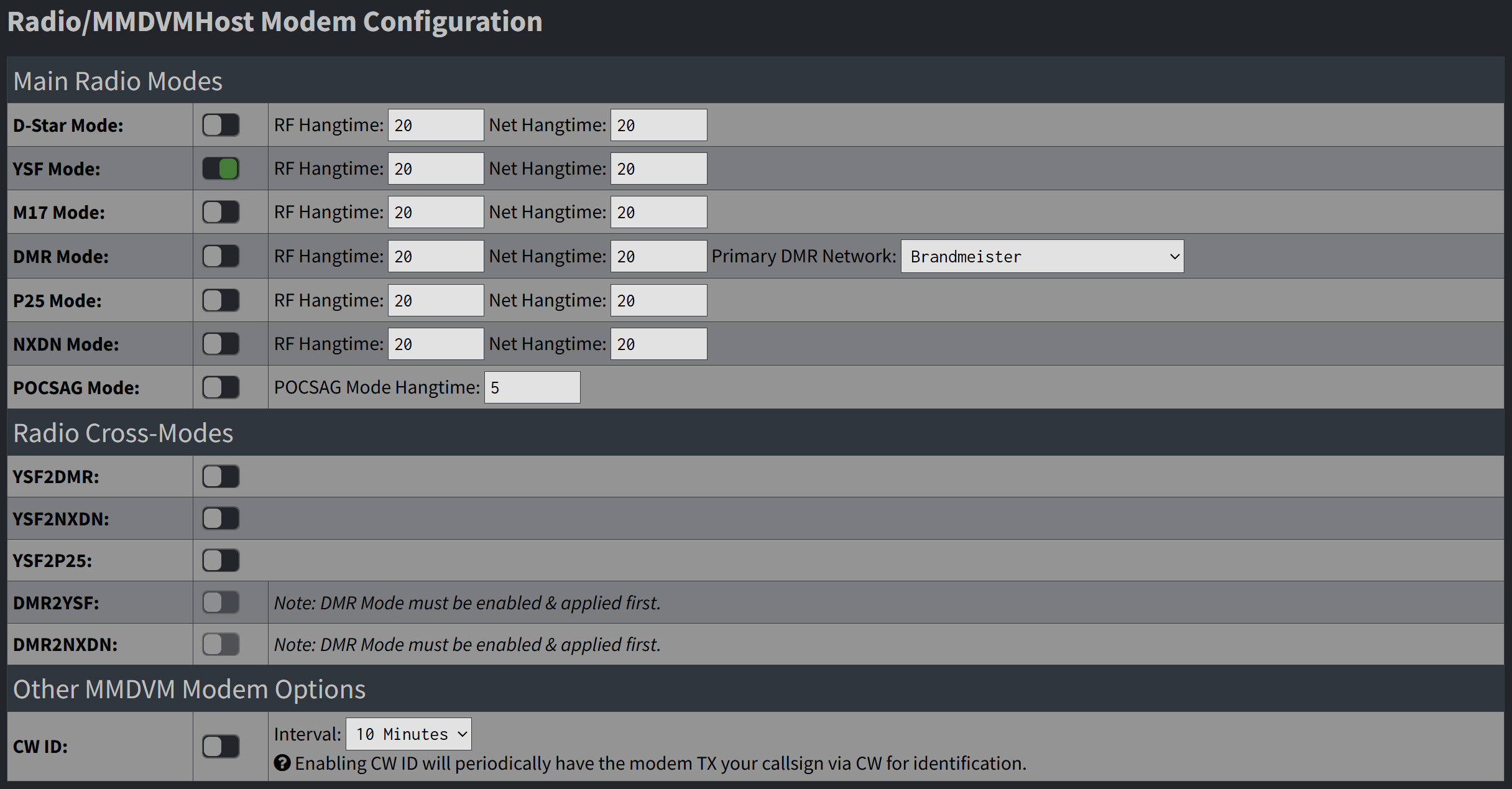 Select the mode you wish to use in the Radio/MMDVMHost Modem section