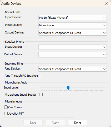 Selecting audio devices and setting input level