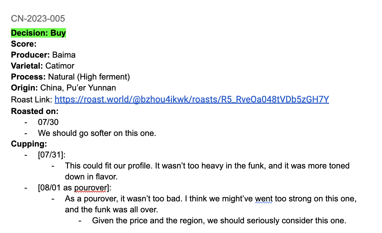 Yunnan Catimor tasting notes