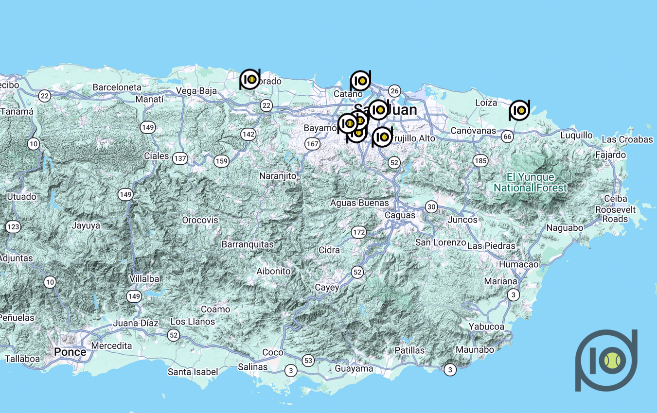 Map showing Padel courts and clubs in Puerto Rico