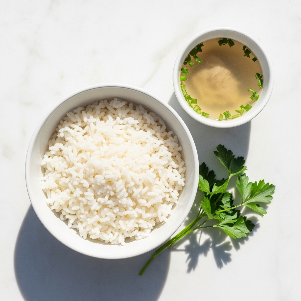 Overhead flat lay of a white ceramic bowl of plain white rice with a small dish of clear chicken broth beside it, fresh parsley sprig, light marble surface, bright natural daylight