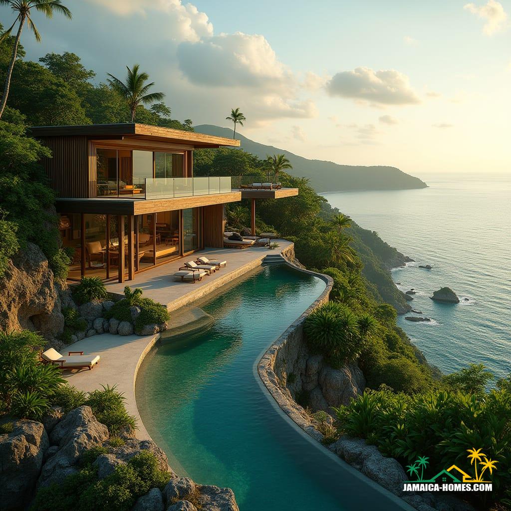 A breathtaking eco-friendly estate nestled in the lush hills of St. Ann, Jamaica, overlooking the coastline. The home is built with sustainable materials like bamboo, reclaimed wood, and stone, featuring an open-concept design with massive floor-to-ceiling windows. Floating terraces are adorned with vibrant tropical plants, and a natural spring-fed plunge pool winds through the property. A solar-powered smart home system and wind turbines ensure off-grid living without sacrificing luxury.