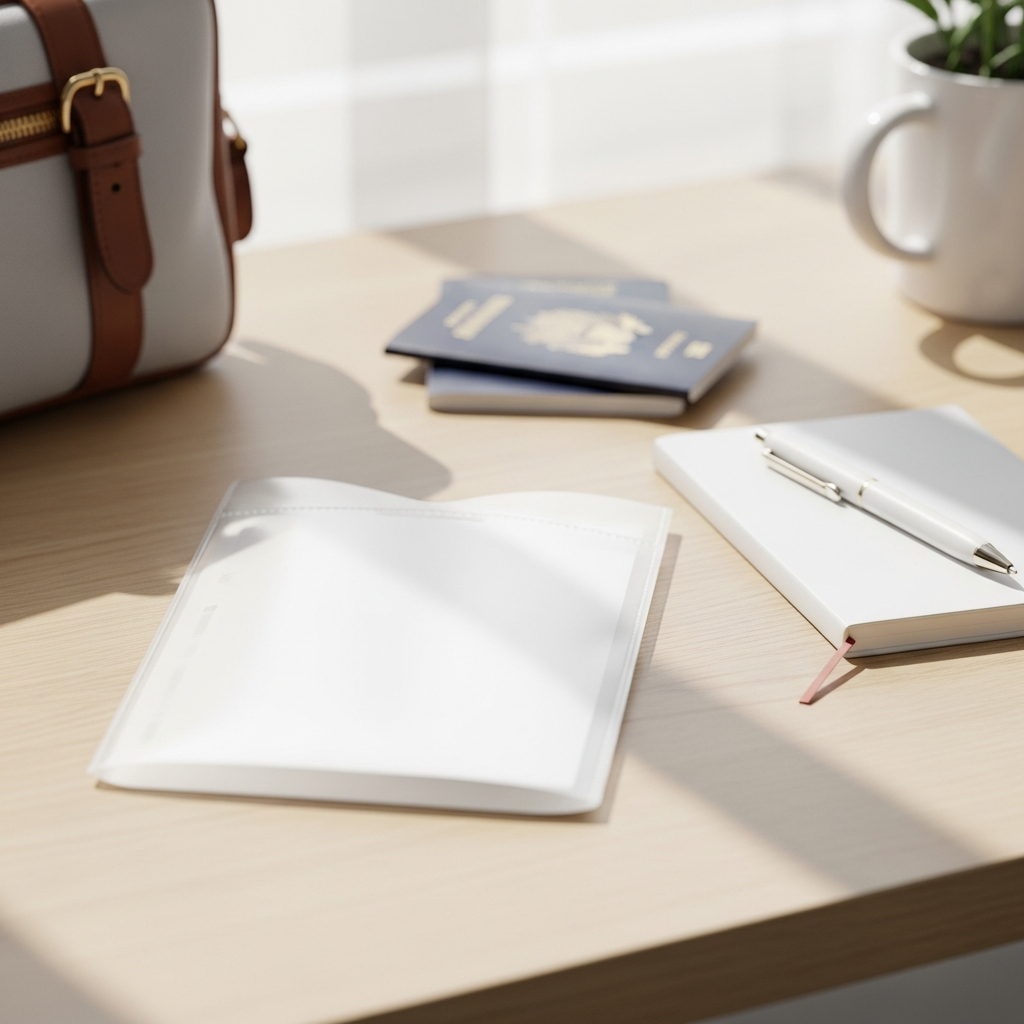 Bright photograph of a neatly folded clear document sleeve on a light wood desk beside a small white notebook and a pen, with a passport and a travel bag slightly out of focus in the background, in bright natural daylight