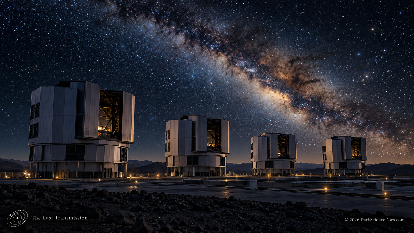 Artist’s reconstruction inspired by the four Unit Telescopes at ESO’s Paranal Observatory.