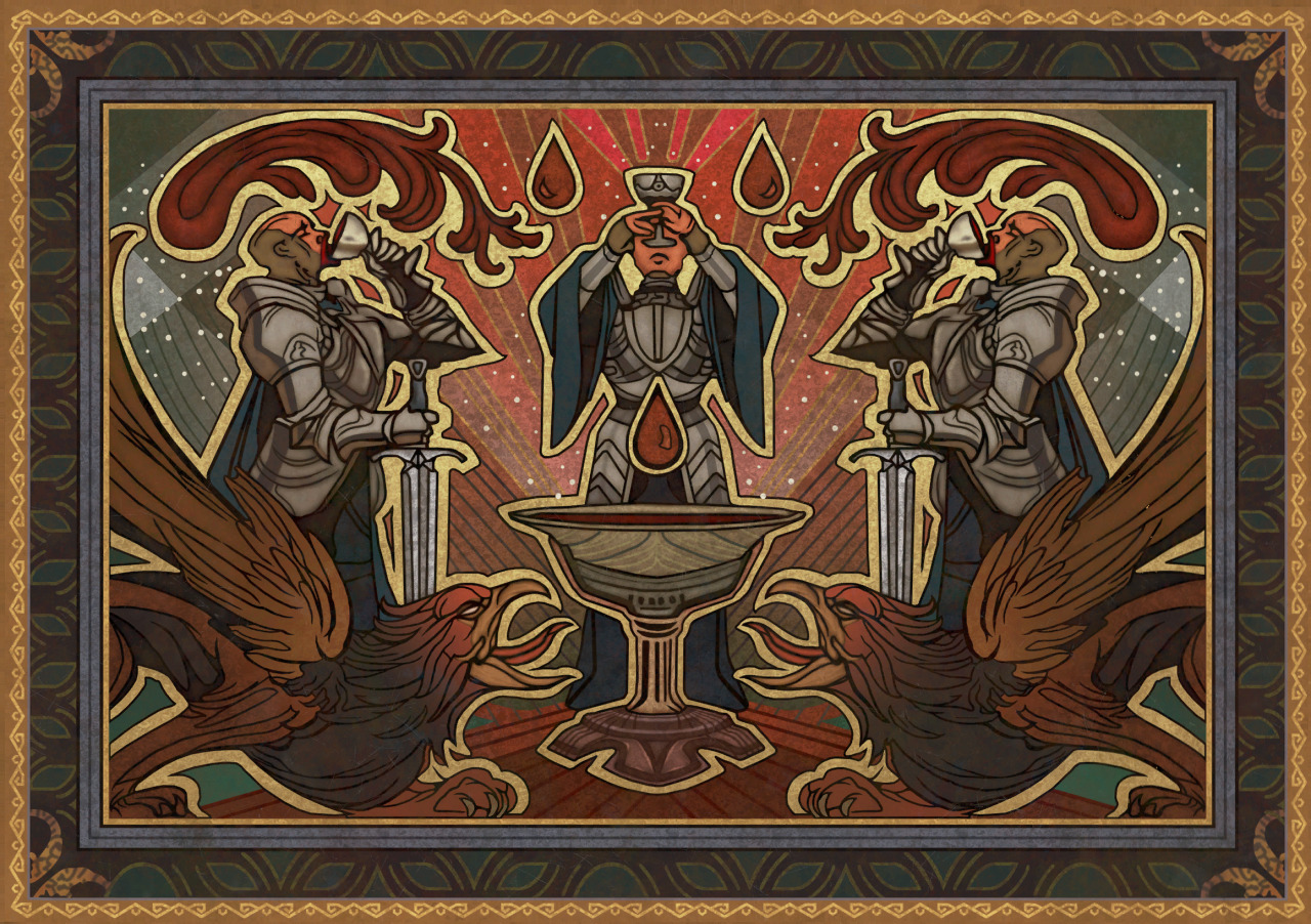 An illustration of three Grey Wardens drinking from Joining Chalices.