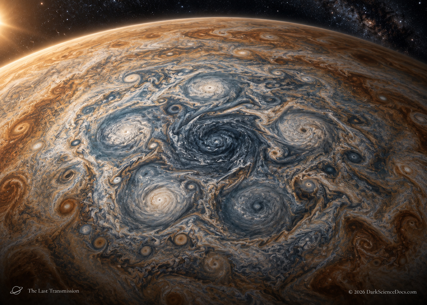 Near Jupiter’s poles, the familiar horizontal bands give way to enormous cyclones arranged in patterns earlier missions had never seen clearly.