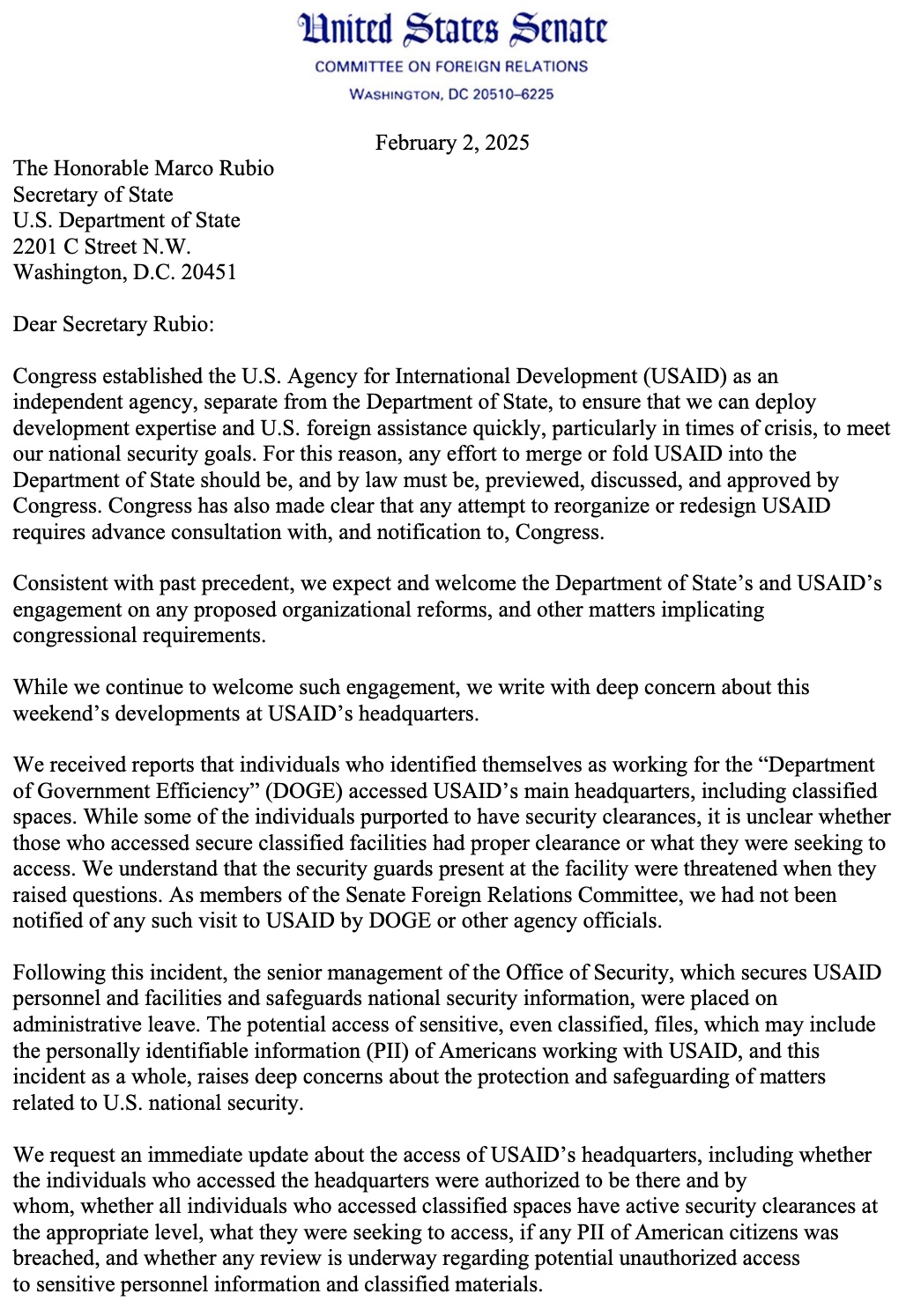 10 Democrat Senators make demands regarding USAID that they have no right to