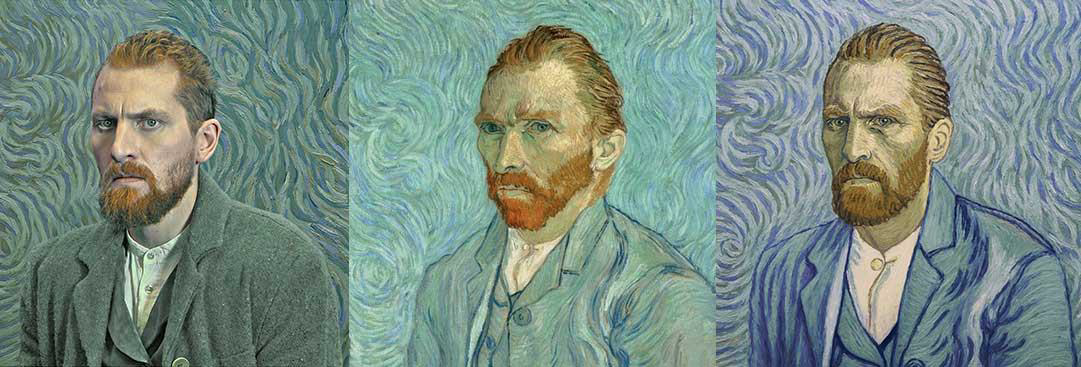 Triptych comparing film portrayals of Van Gogh with one of his self-portraits