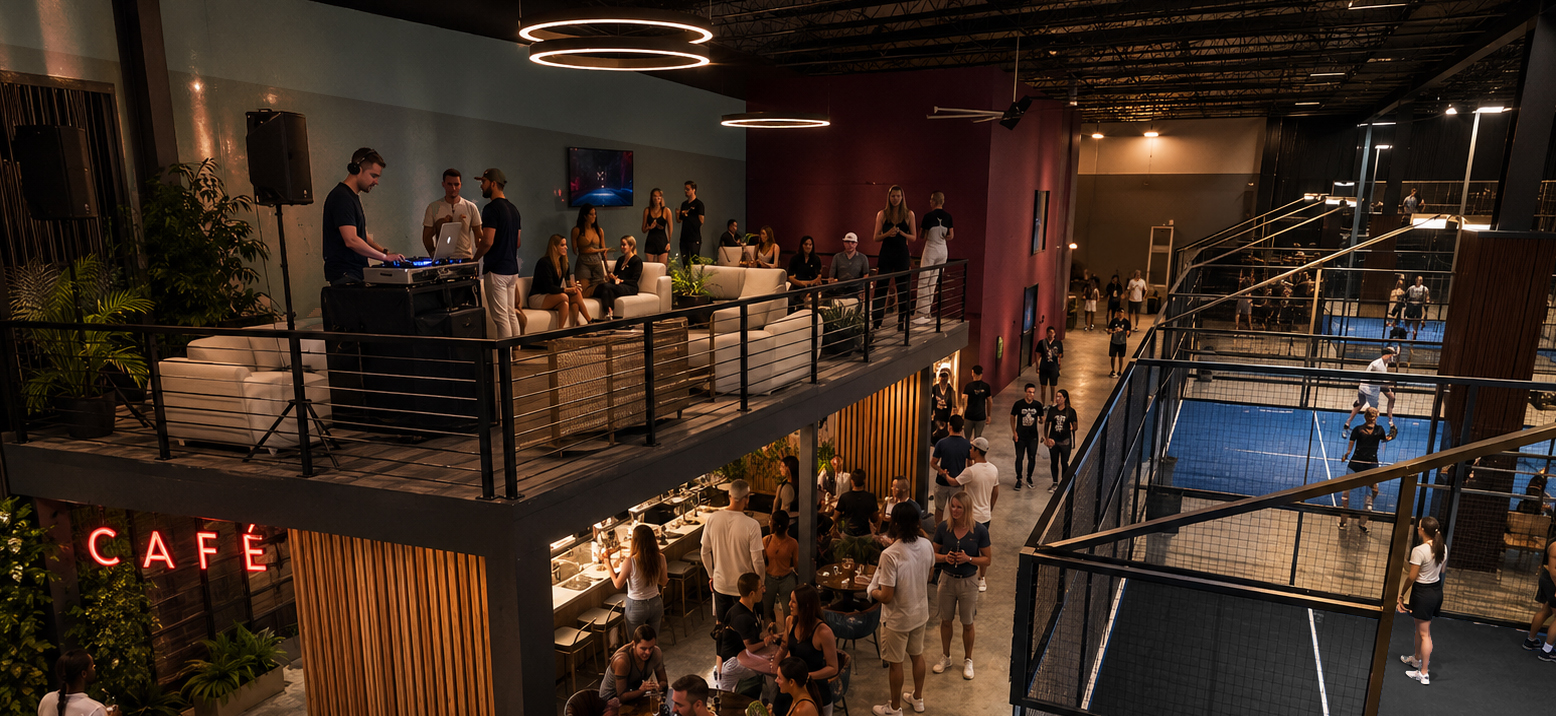 Rendering of social areas at The Hive Padel Club in Salt Lake City, UT