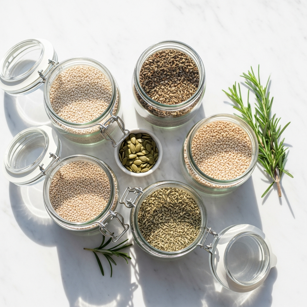 Overhead flat lay of glass jars filled with seeds, nuts, and dried herbs arranged on a white marble surface in bright natural daylight, with a small sprig of fresh rosemary as an accent