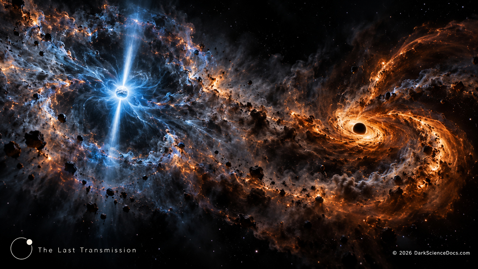Concept artwork. The proposed cascade ends with compact objects surrounded by expanding material.