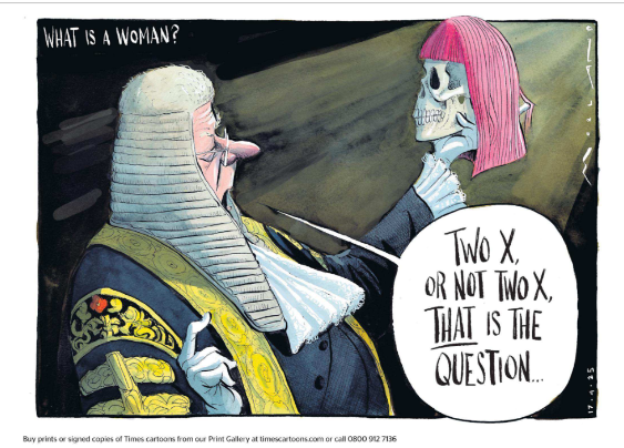 A political cartoon published in The Times on 17 April 2025 comments on the UK Supreme Court's ruling in the For Women Scotland case regarding legal definitions of sex and gender. The cartoon depicts a senior British judge in full ceremonial robes and white wig, holding a human skull in the manner of Shakespeare's Hamlet.