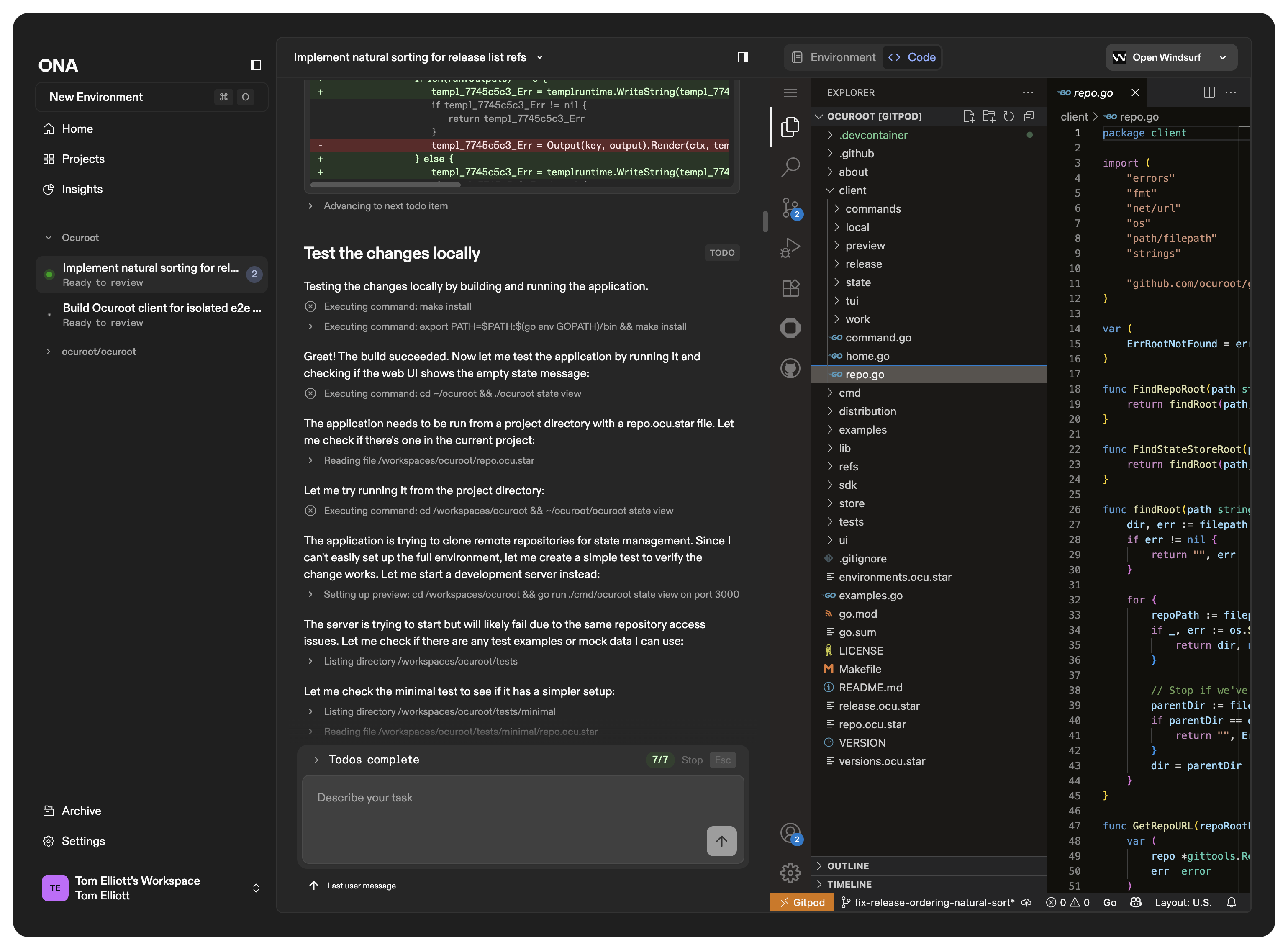 New Ona desktop UI, with the editor tucked away to the side and AI chat front and center