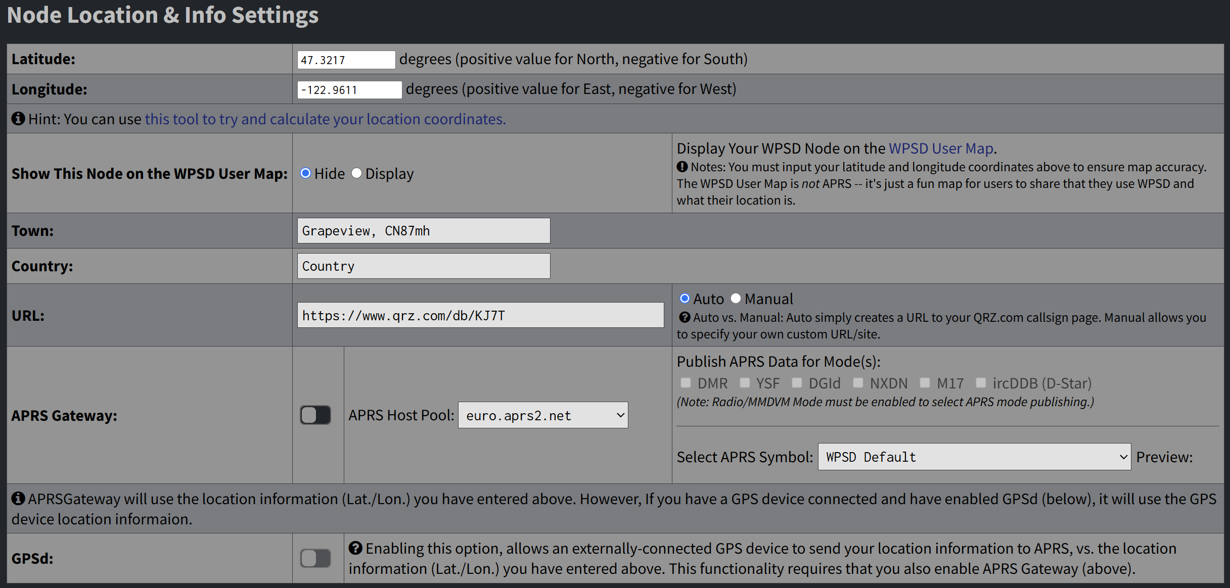 Node location and information settings (my information)