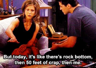 This may contain: two people sitting on a couch talking to each other in a living room with the caption'but today, it's like there's rock bottom bottom than 50 feet of crap, then me