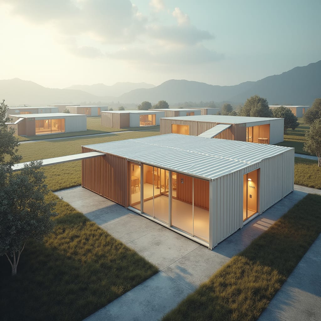 A modern school built entirely from repurposed shipping containers, arranged in a clean and minimalistic design. The containers are painted in neutral tones, with large windows cut into the sides to allow natural light to flood in. Open-air walkways connect the different classrooms, and the layout includes simple outdoor spaces with minimal landscaping. The design is sleek and functional, emphasizing sustainability and efficiency. Minimalist, eco-friendly, modern container architecture.