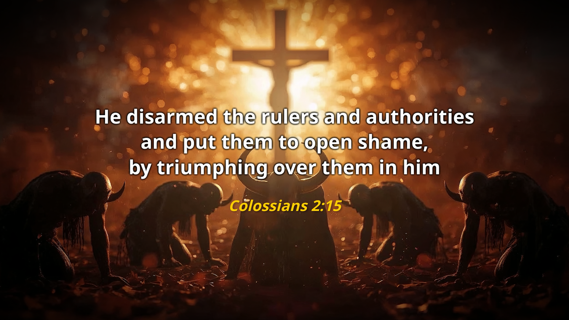 Dramatic image of shadowy demonic figures bowing before a glowing cross, symbolizing Christ's triumph over the powers of darkness.