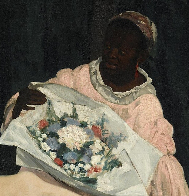Close-up of Laure holding a bouquet of flowers in Manet's Olympia