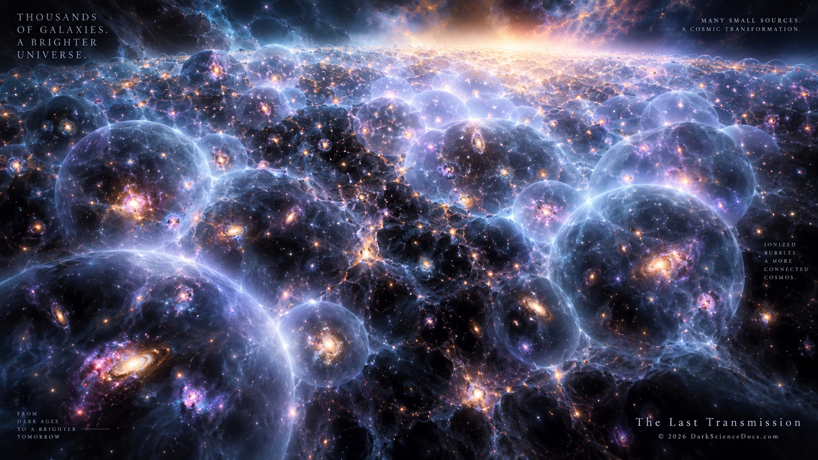 Artist’s interpretation of thousands of small primordial galaxies collectively transforming the intergalactic medium as their ionized bubbles begin merging across the cosmic web.