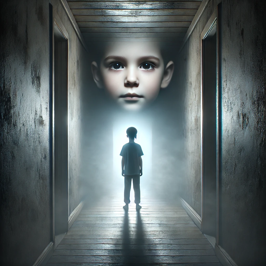 An atmospheric and mysterious image suitable for a psychological thriller. A young boy (around 4-5 years old) stands at the end of a dark, narrow corridor, dimly lit by a soft, glowing light. His back is to the viewer, and he's facing a brighter area ahead. Behind him, subtly blended into the scene, is a large, semi-transparent face of the same child, looking directly at the viewer with a neutral, slightly eerie expression. The setting is minimal but moody, with soft shadows and a cinematic look. The image should feel emotional, suspenseful, and intriguing, hinting at memory, mystery, and possibly reincarnation. No text or branding.