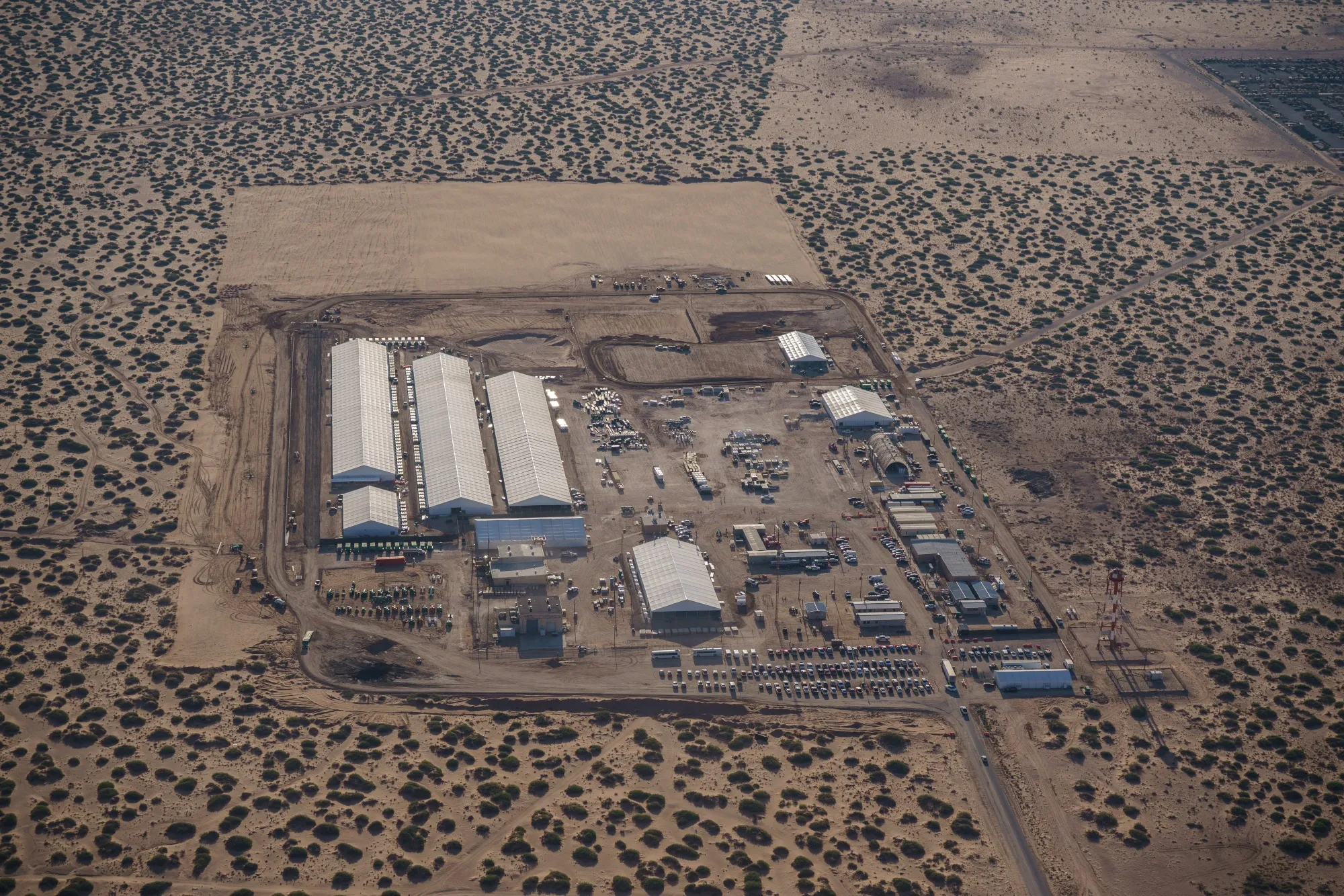Aerial views of ICE detention facility in Fort Bliss, Texas