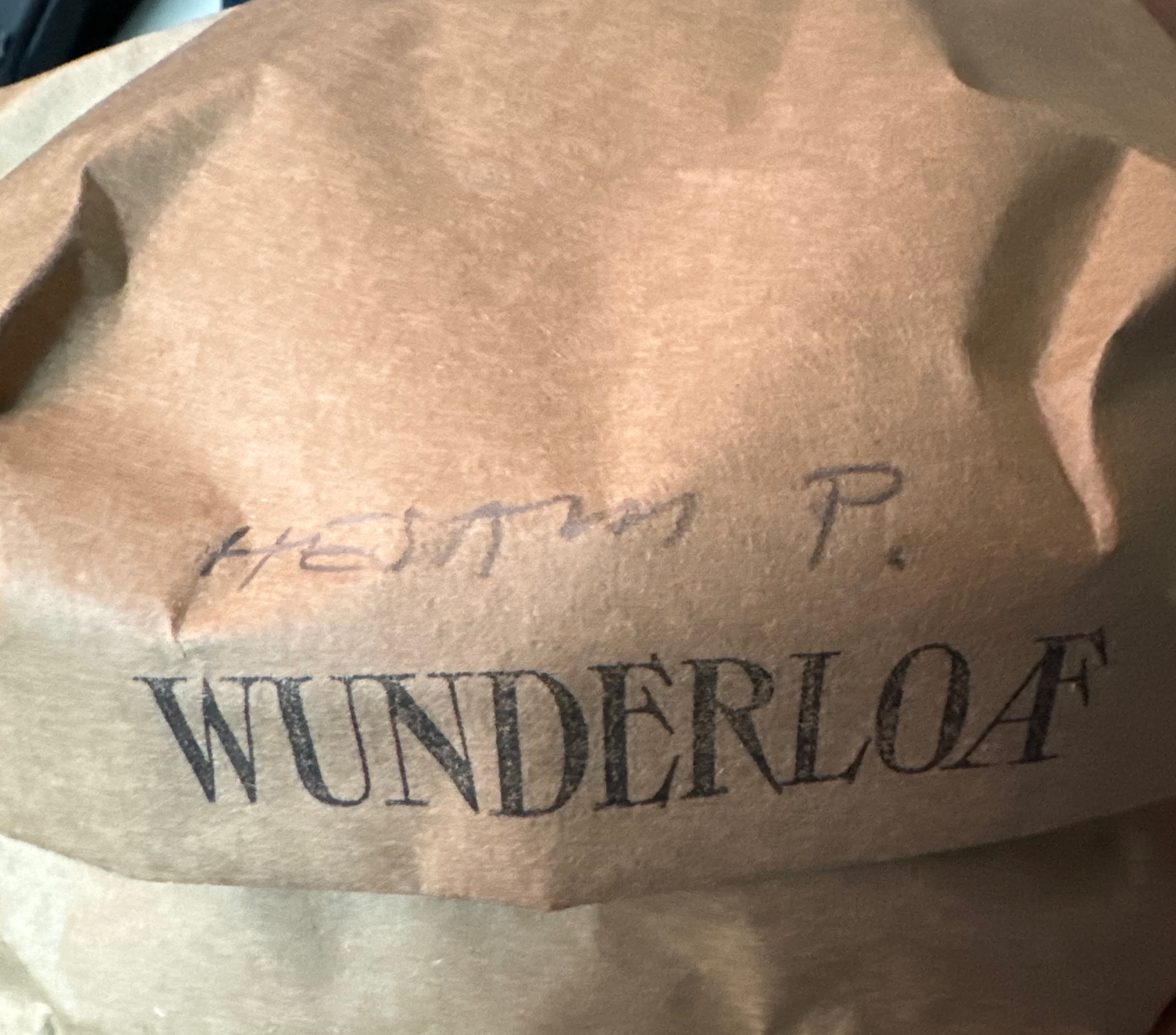 My Wunderloaf order, wrapped in paper and labeled with my name
