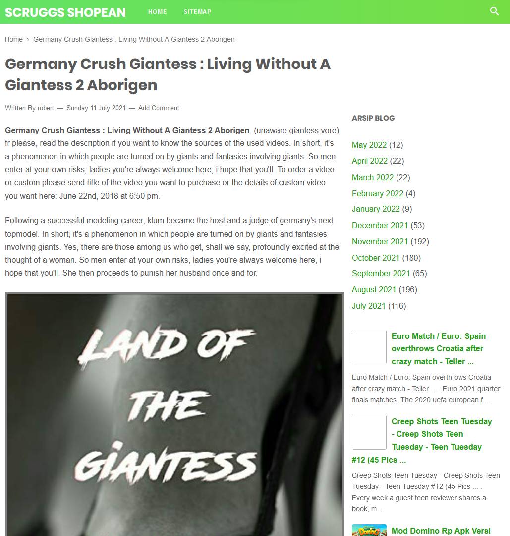 Screenshot of a German website. The text is nonsense and erratic, there's an image of a book titled Land of the Giantess, and the right sidebar is an archive of previous articles and some creepy links to inappropriate porn