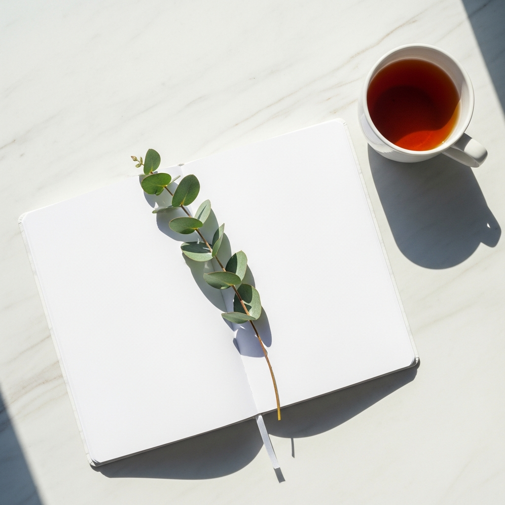 Overhead flat lay of a bright white journal open to a blank page, a single fresh sprig of eucalyptus beside it, a white ceramic mug of tea, light marble surface, sunlit, soft natural daylight