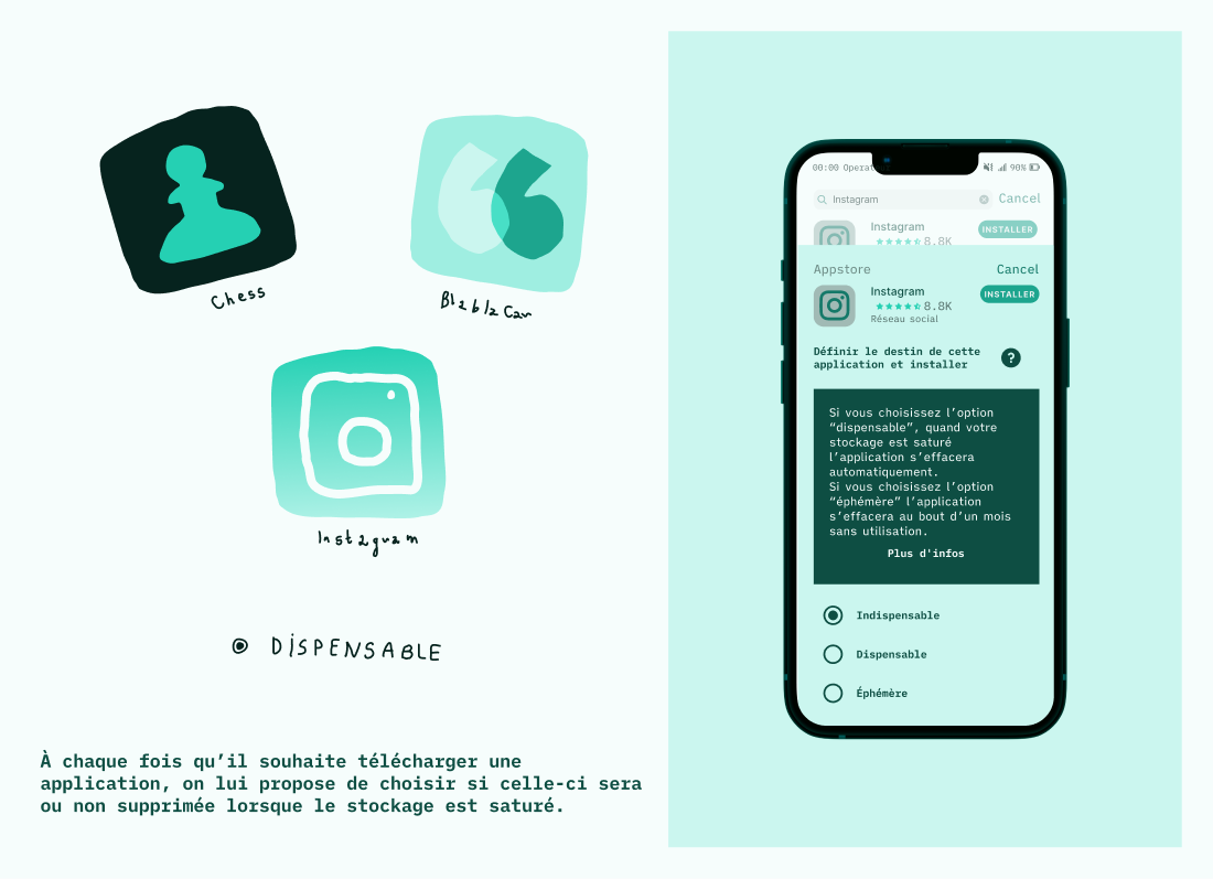 Une interface qui permet de choisir à l'installation d'une application si elle sera ephémère ou dispensable