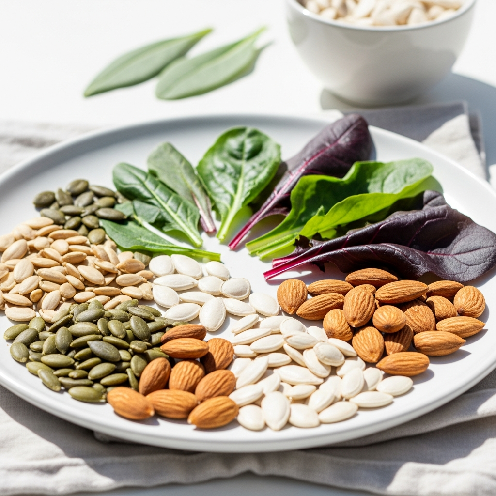 Light and airy close-up of magnesium-rich whole foods — pumpkin seeds, dark leafy greens, and almonds arranged on a white ceramic plate on a linen cloth, bright natural daylight, soft sage accents, no text