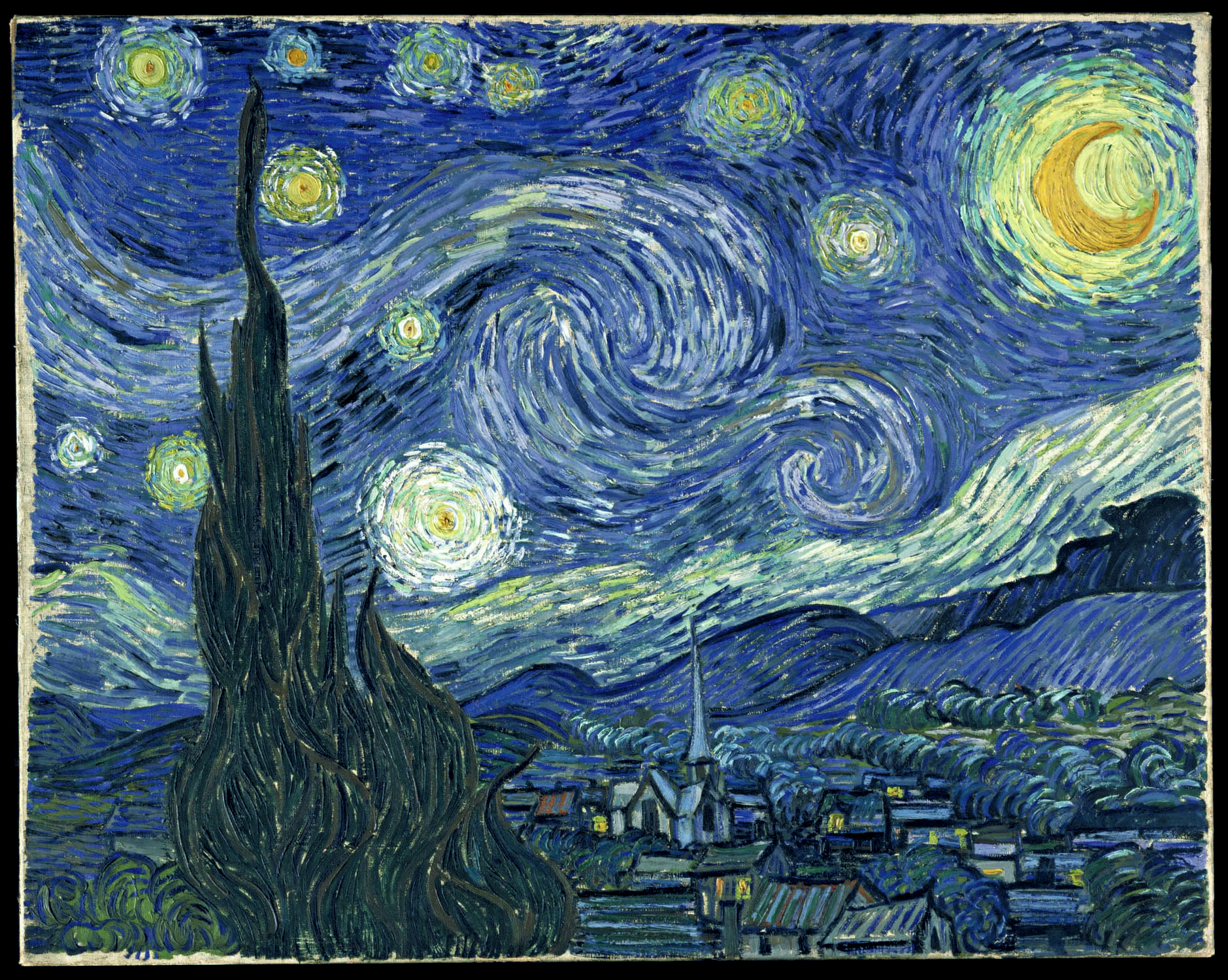 Vincent van Gogh's The Starry Night with swirling blue sky, bright stars, cypress, and village