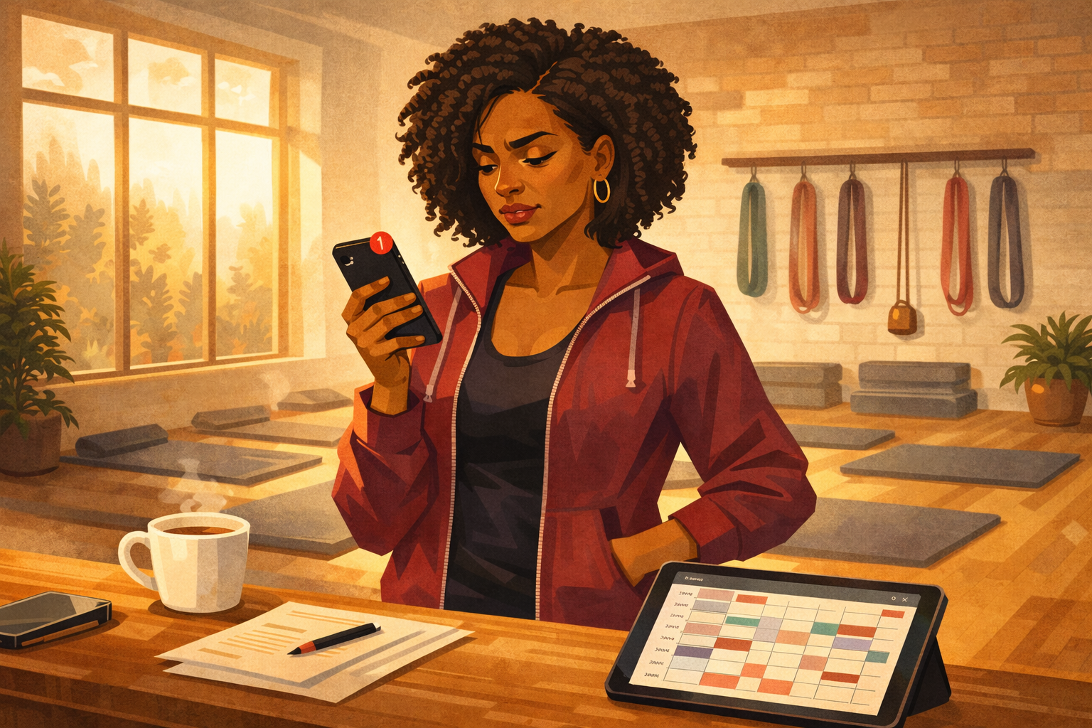 Illustration of a fitness studio leader checking her phone beside a class schedule in a group fitness studio.