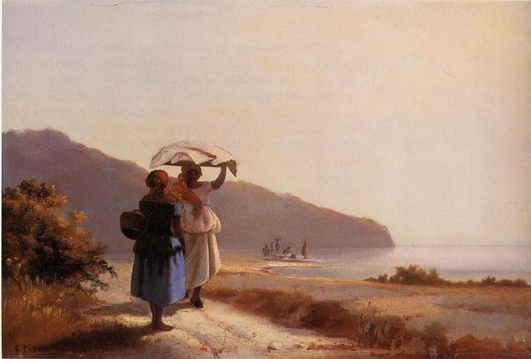 Painting of two people walking along a coastal road beneath pale hills