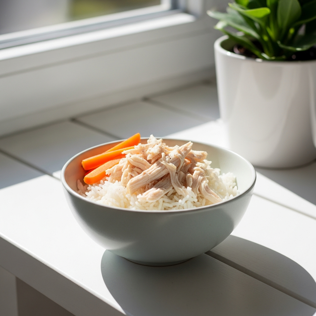 Bright photograph of a light ceramic bowl of white rice topped with shredded poached chicken and a few slices of cooked carrot, on a sunlit white kitchen bench, soft natural daylight, no shadows