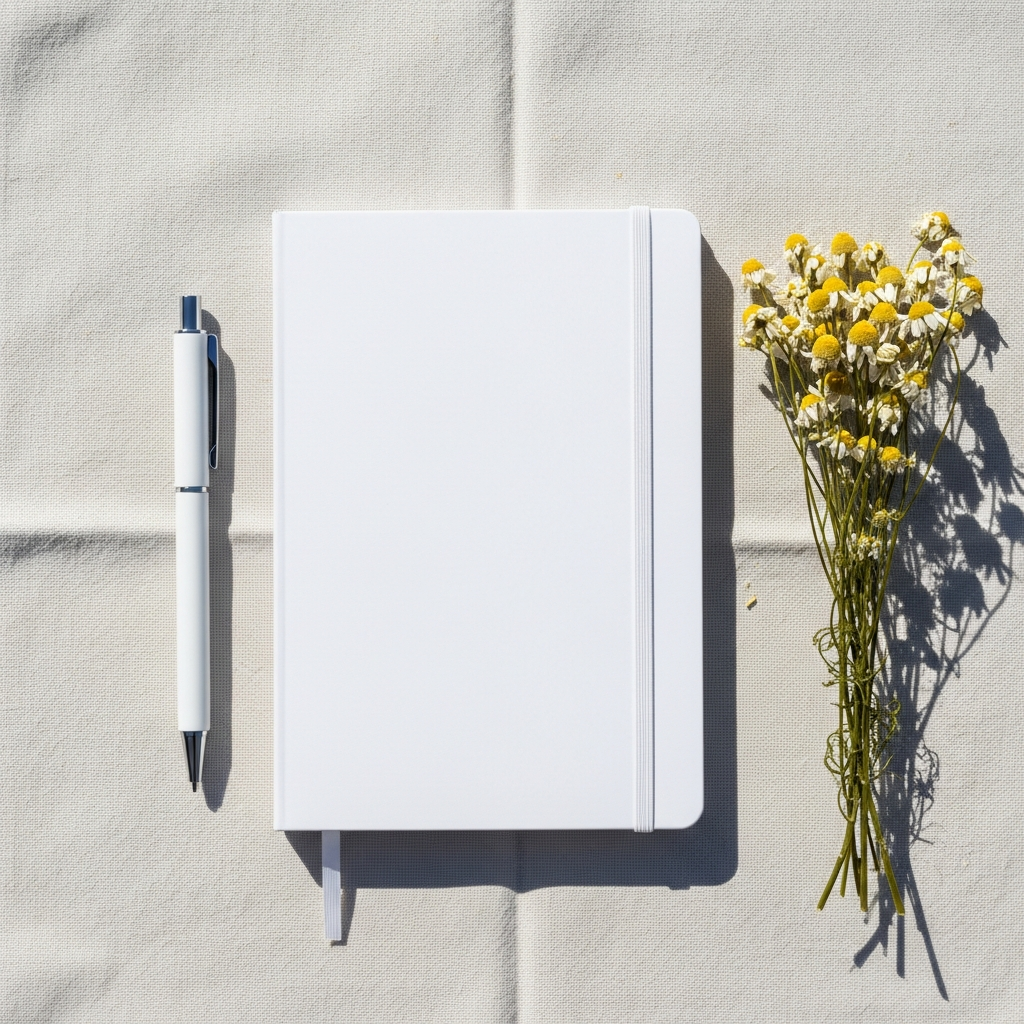 Overhead flat lay of a white notebook, a pen, and a small bunch of dried chamomile flowers on a cream linen cloth in bright natural daylight