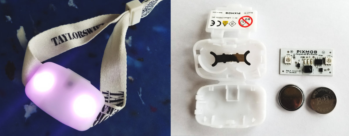 un bracelet lumineux à gauche, puis démonté à droite.