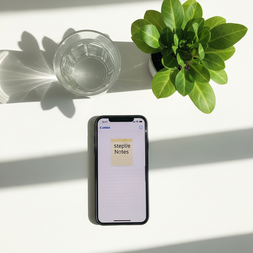Overhead flat lay of a smartphone with a simple notes app open beside a glass of water and a small green plant on a bright white surface in natural daylight