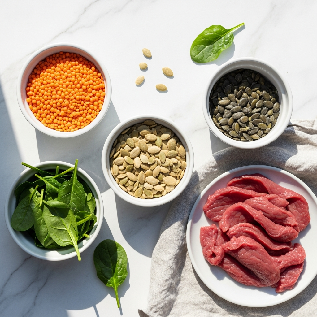 Overhead flat lay of iron-rich foods arranged on a white marble surface in bright natural daylight — small white bowls of lentils, pumpkin seeds, dark leafy spinach, and sliced lean red meat on a light linen cloth, bright and airy, no text, no faces