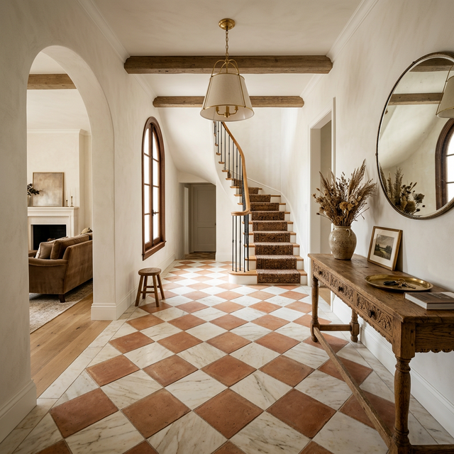 Elegant European entryway featuring a diagonal checkerboard floor pattern of honed cream Calacatta marble and warm hand-fired terracotta tiles, arched doorway, brass pendant light, carved oak console table with dried grasses