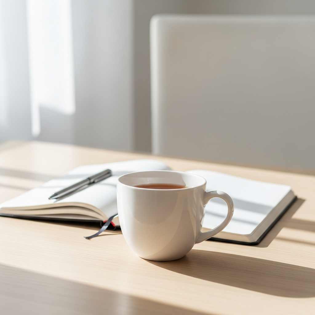 Bright photograph of a white ceramic mug of tea on a light wood table beside an open notebook and pen, bright natural daylight, cream and white tones, no text