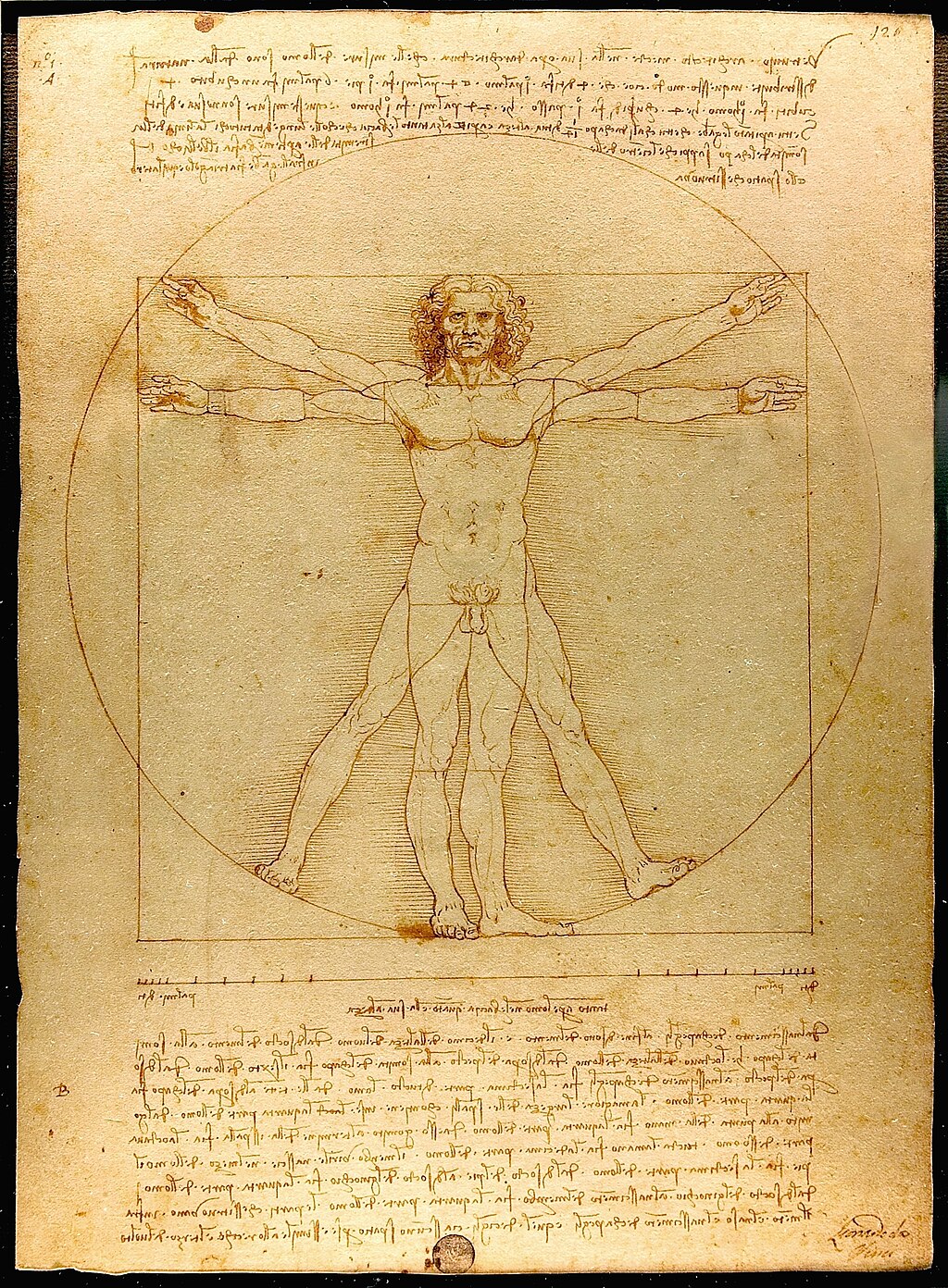 Leonardo da Vinci's Vitruvian Man drawing inside a circle and square