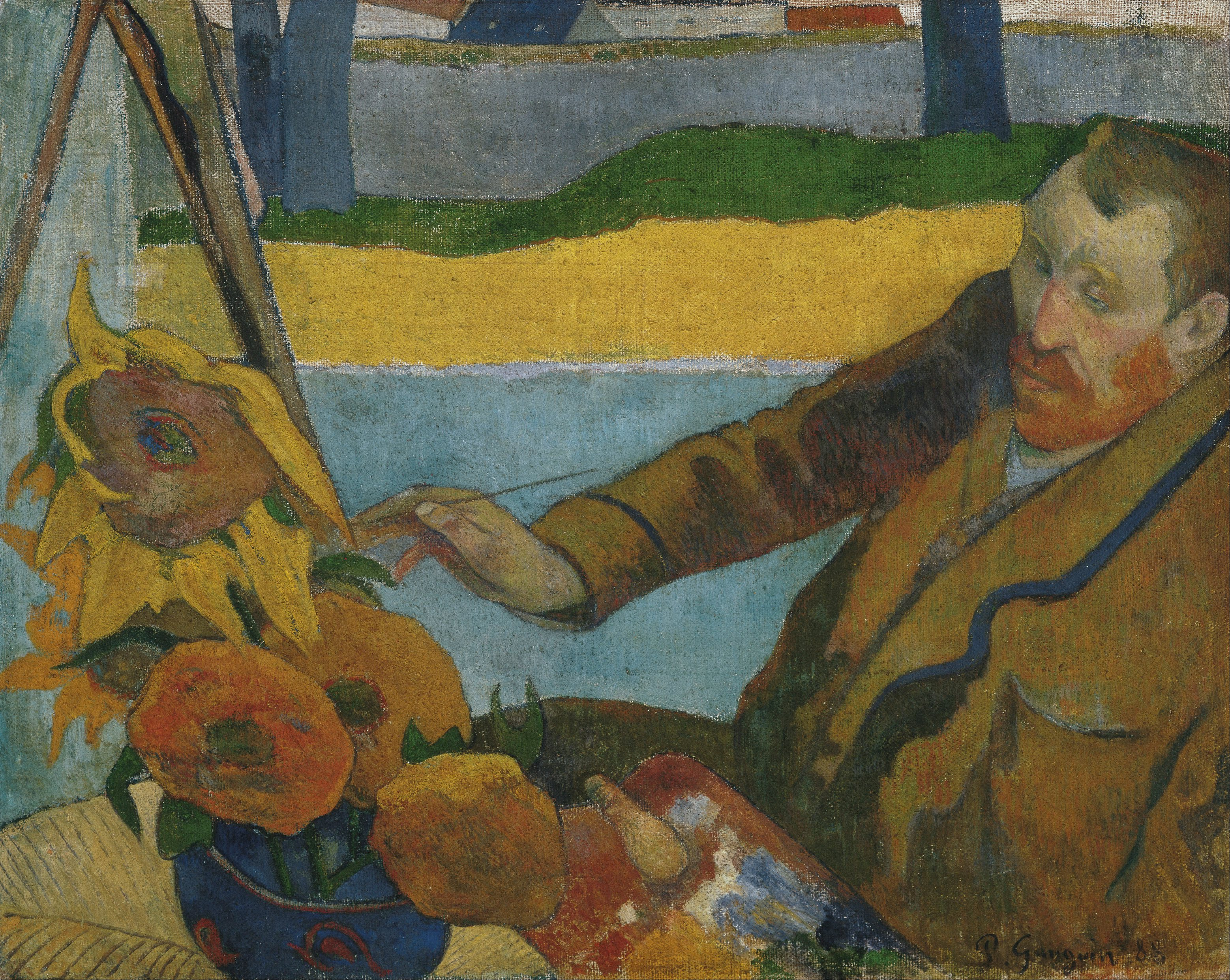 Painting of Van Gogh working on sunflowers at an easel