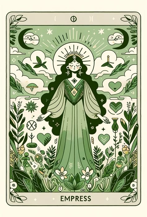 This may contain: an image of the queen of cups in green and white with clouds above her, surrounded by plants