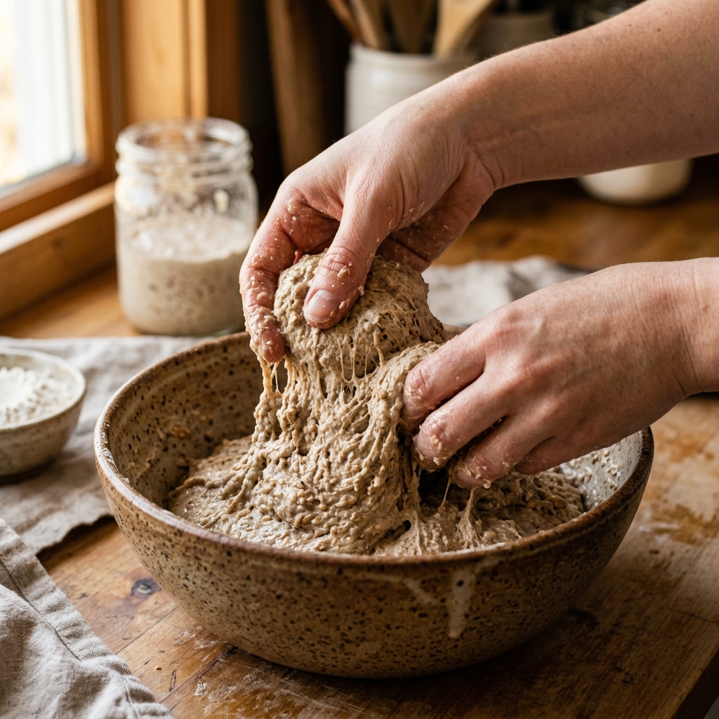 Close-up of hands performing a coil fold on Einkorn sourdough dough in a ceramic bowl